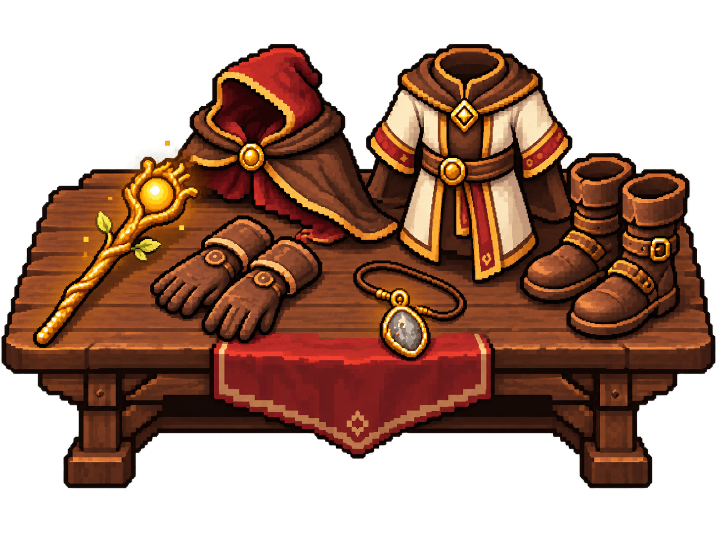 Varinha, capa, botas, luvas, vestes e amuleto sobre uma mesa de madeira, uma das peças em dourado lendário.