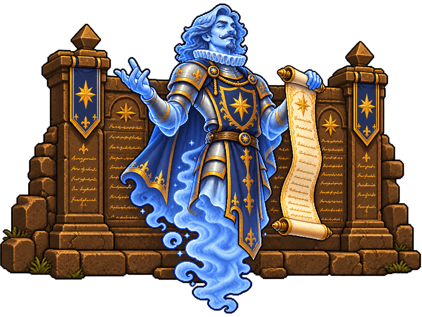 Sir Percival Brumoso, arauto translúcido, ao lado de uma parede de brasões e nomes gravados em ouro.