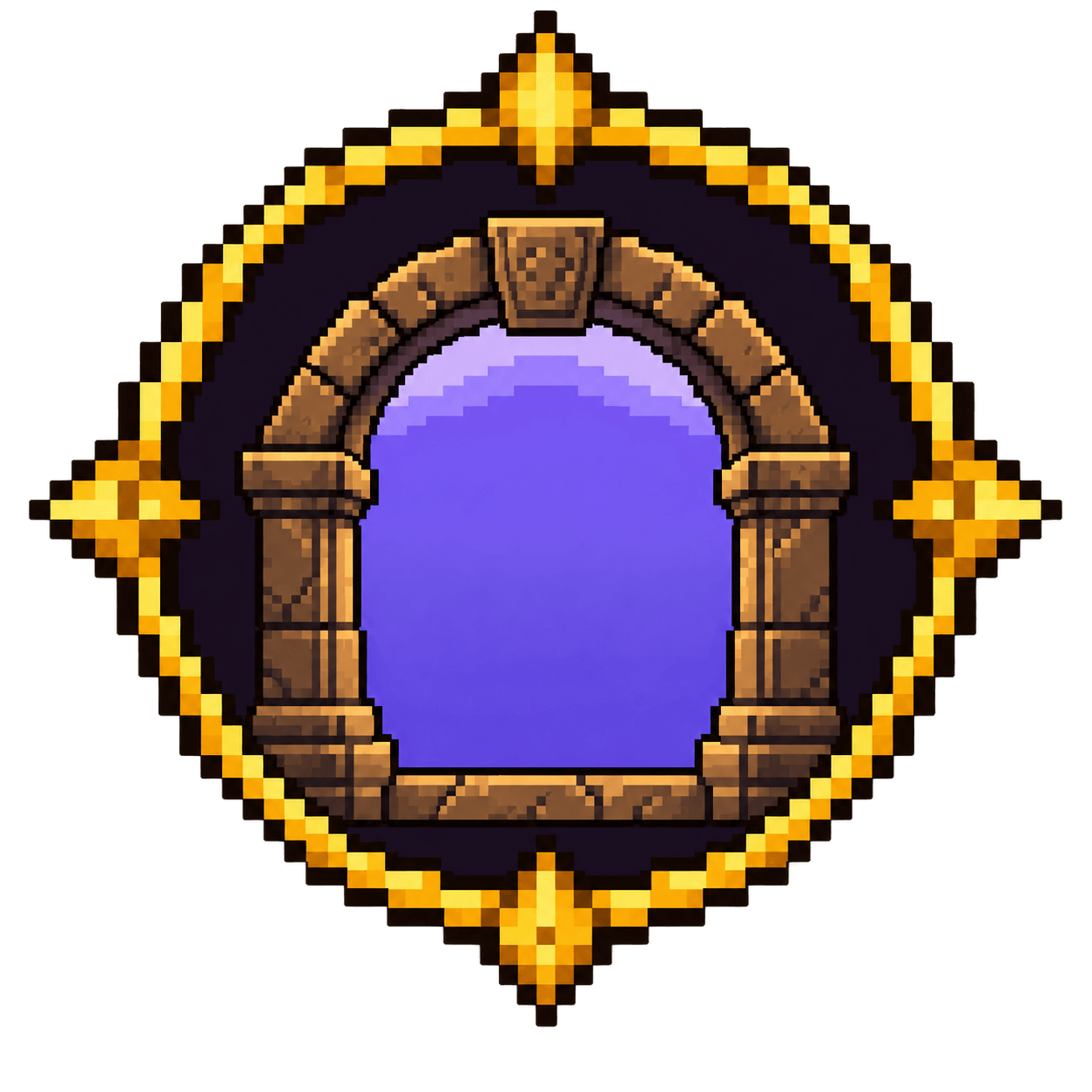 Brasão violeta da escola Alturion, um arco de pedra aberto para um céu violeta.
